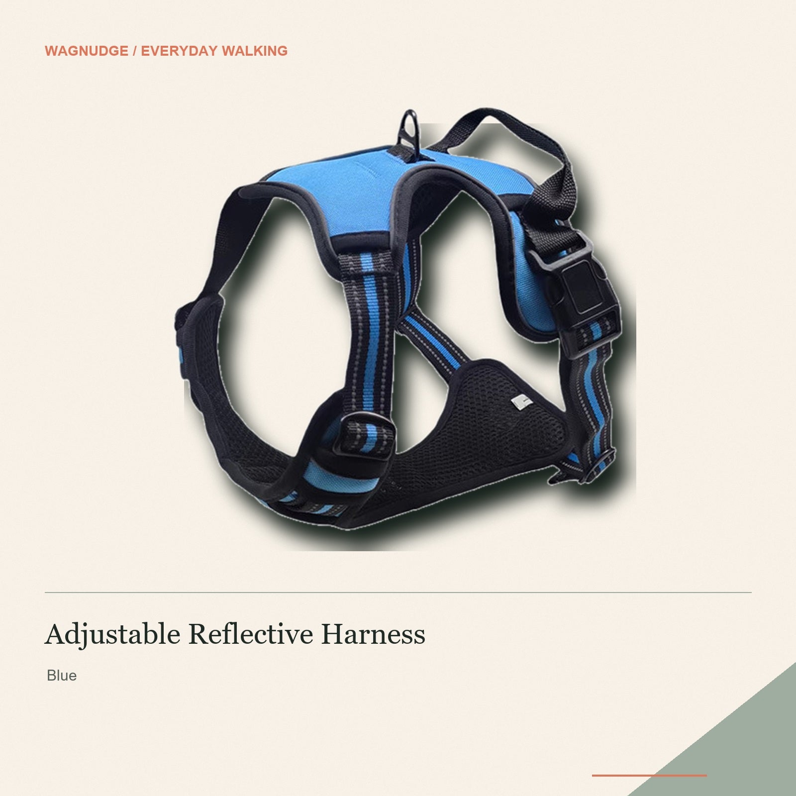 Blue adjustable reflective dog harness on a warm neutral background