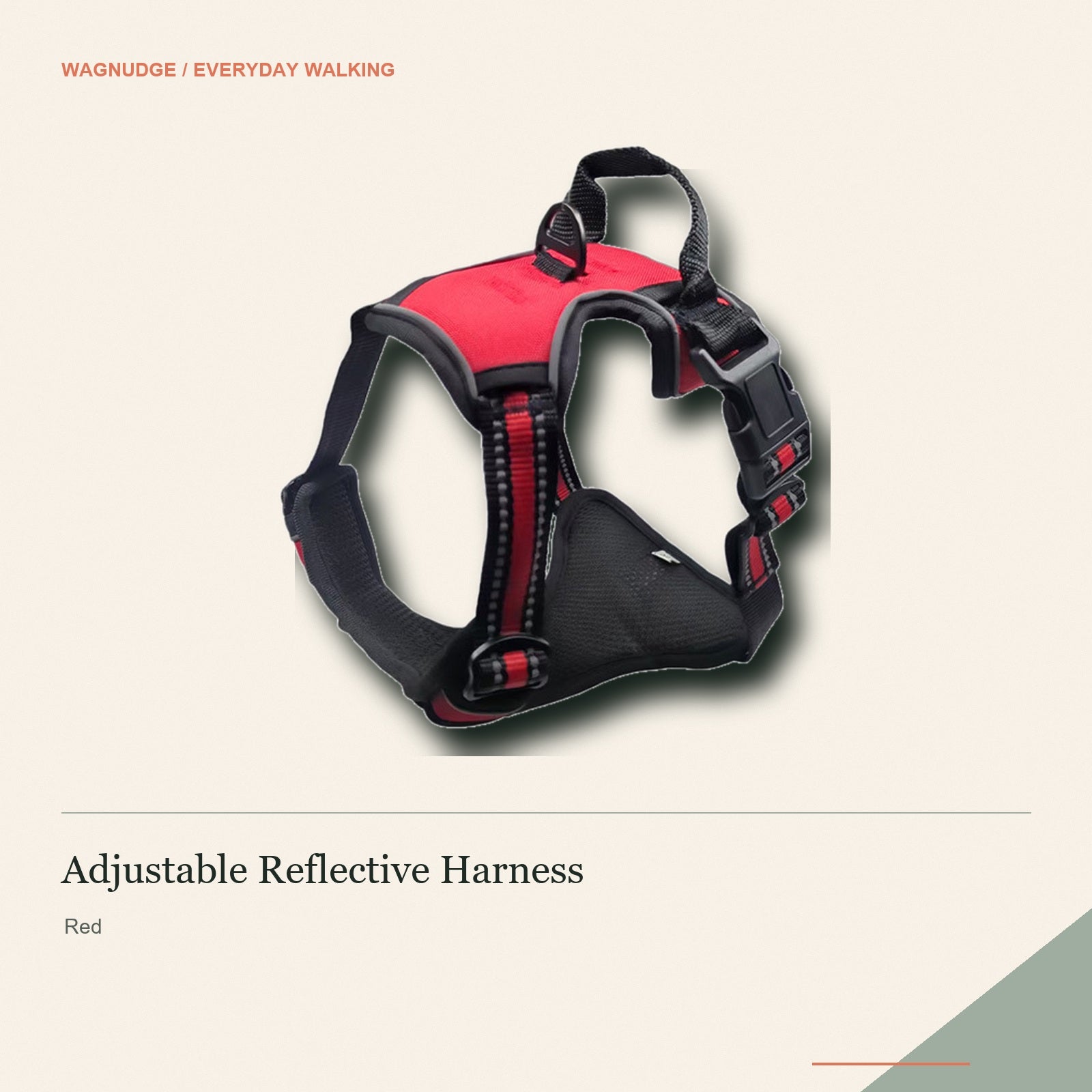 Red adjustable reflective dog harness on a warm neutral background