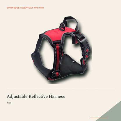 Red adjustable reflective dog harness on a warm neutral background