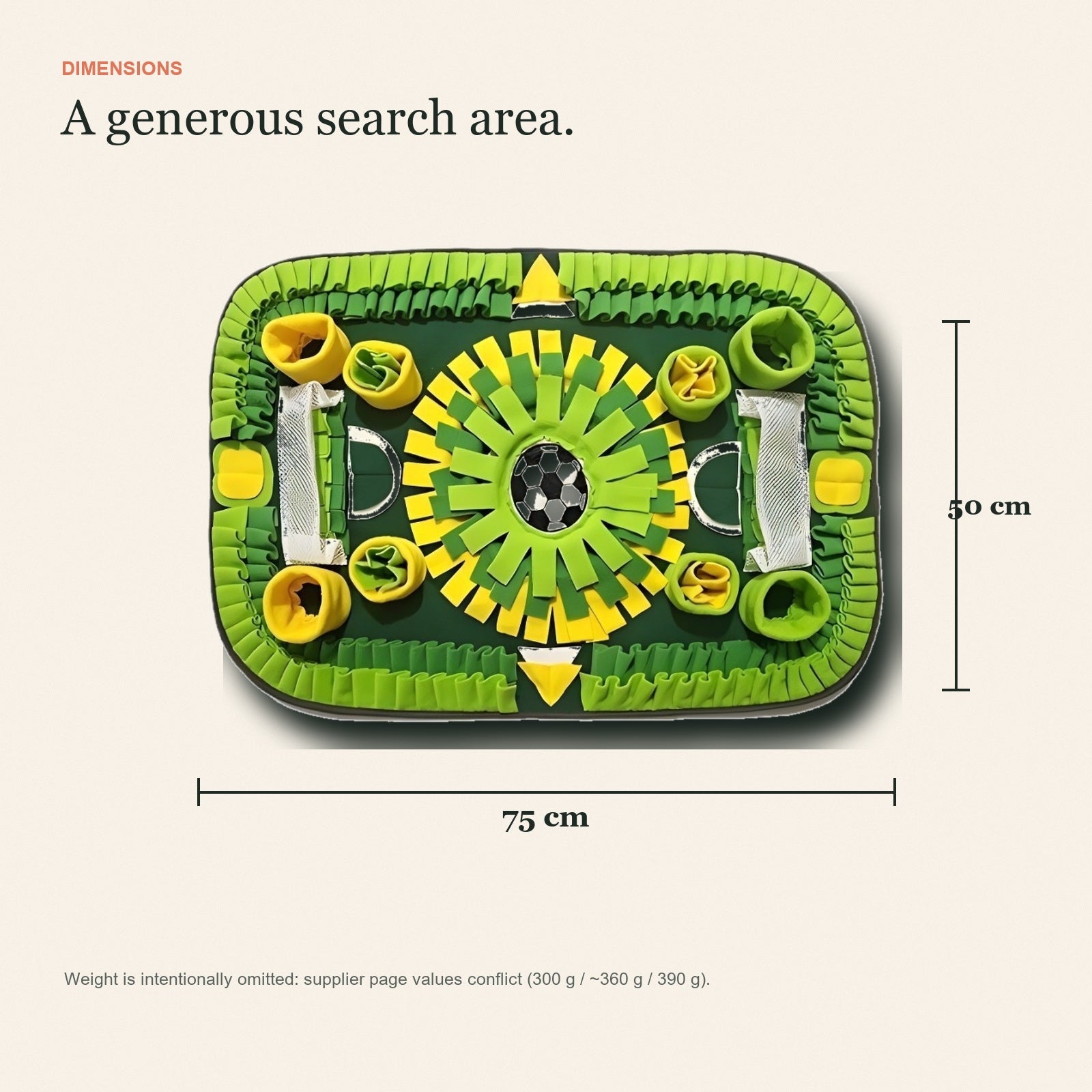Dimensions of the green football-field snuffle mat: 50 × 75 cm