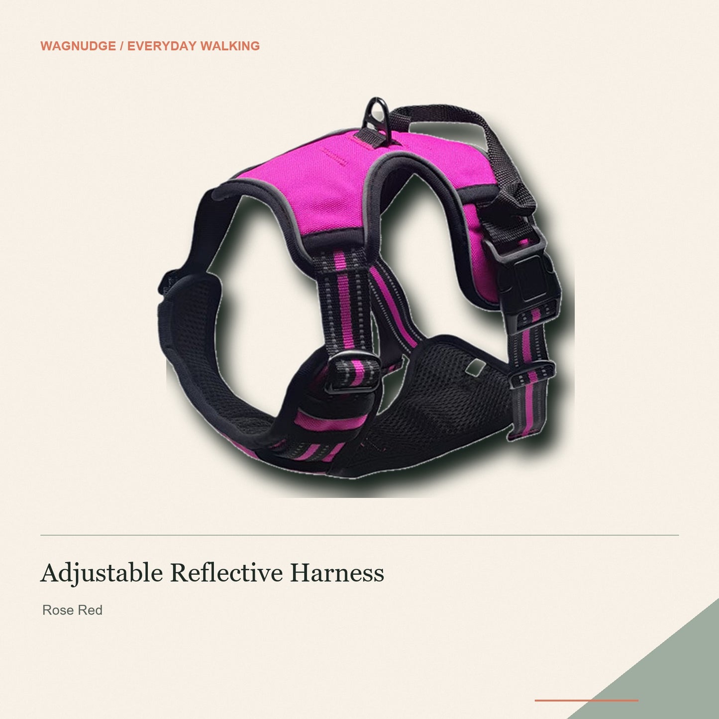 Rose red adjustable reflective dog harness on a warm neutral background