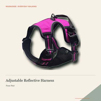 Rose red adjustable reflective dog harness on a warm neutral background