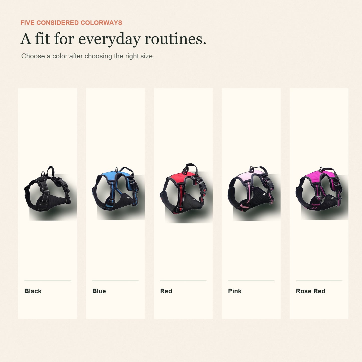 Five harness color options shown together: black, blue, red, pink and rose red