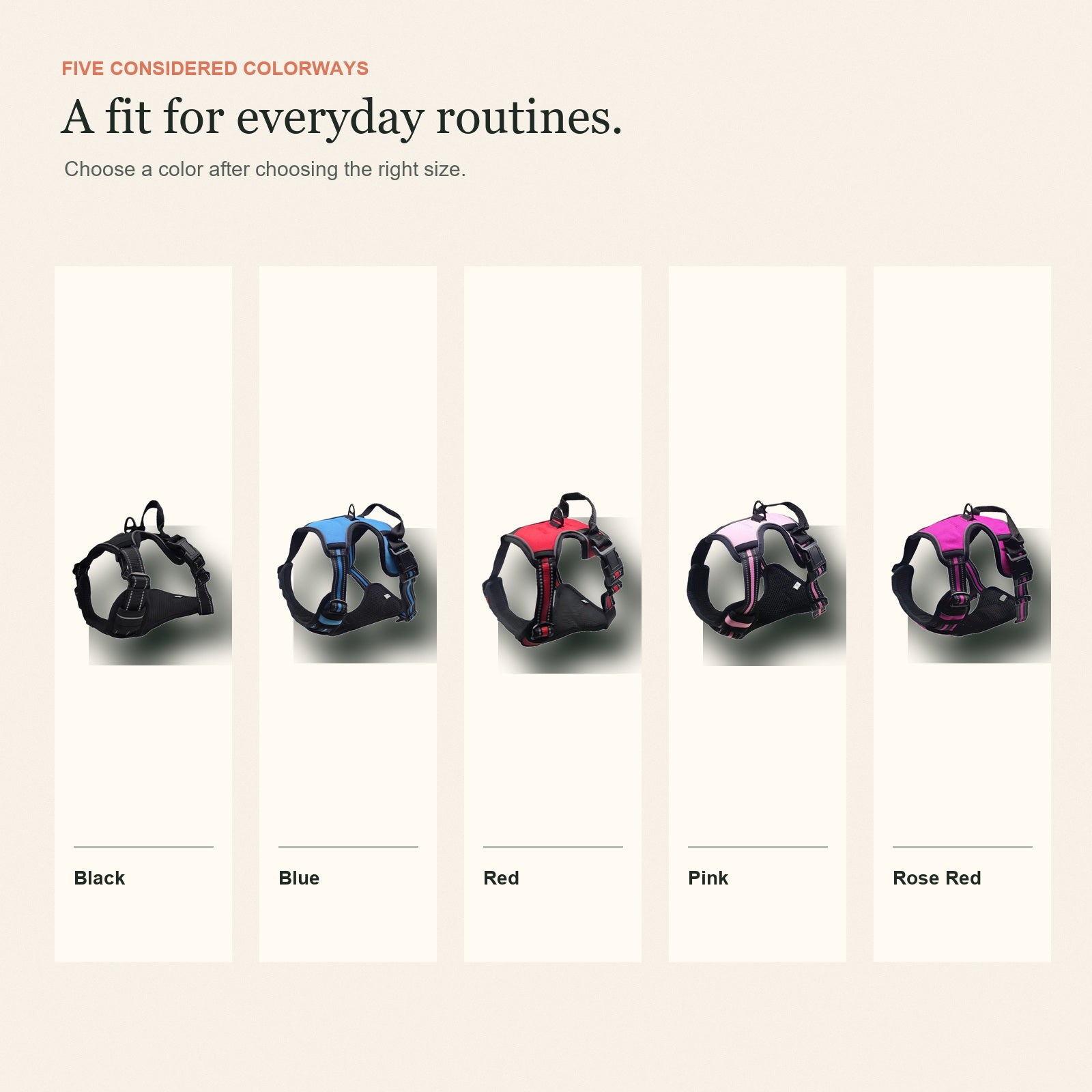 Five harness color options shown together: black, blue, red, pink and rose red