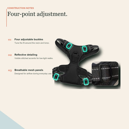 Construction details of the adjustable harness, including buckles, mesh panels and reflective trim
