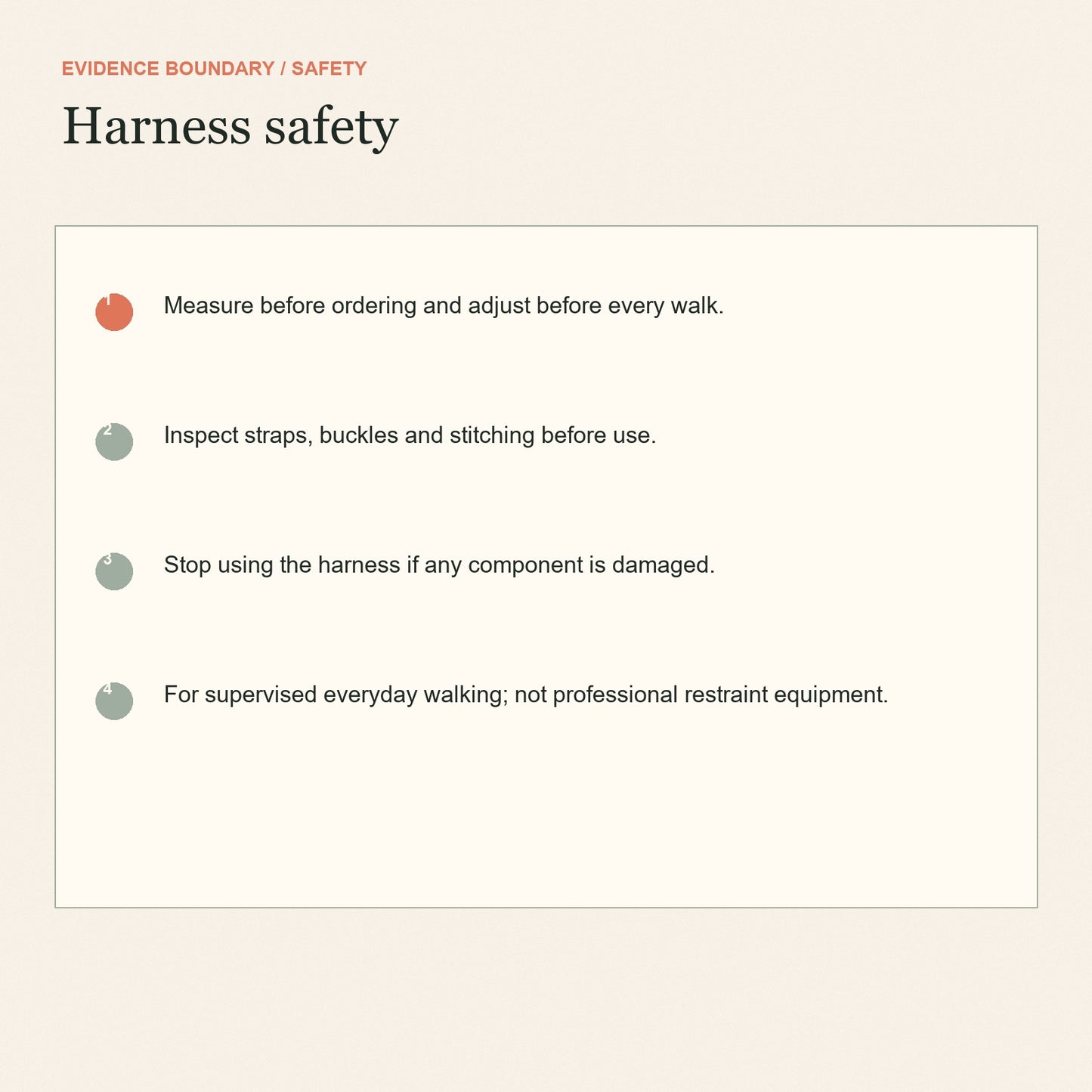 Harness safety reminders to measure, adjust and inspect before supervised walks