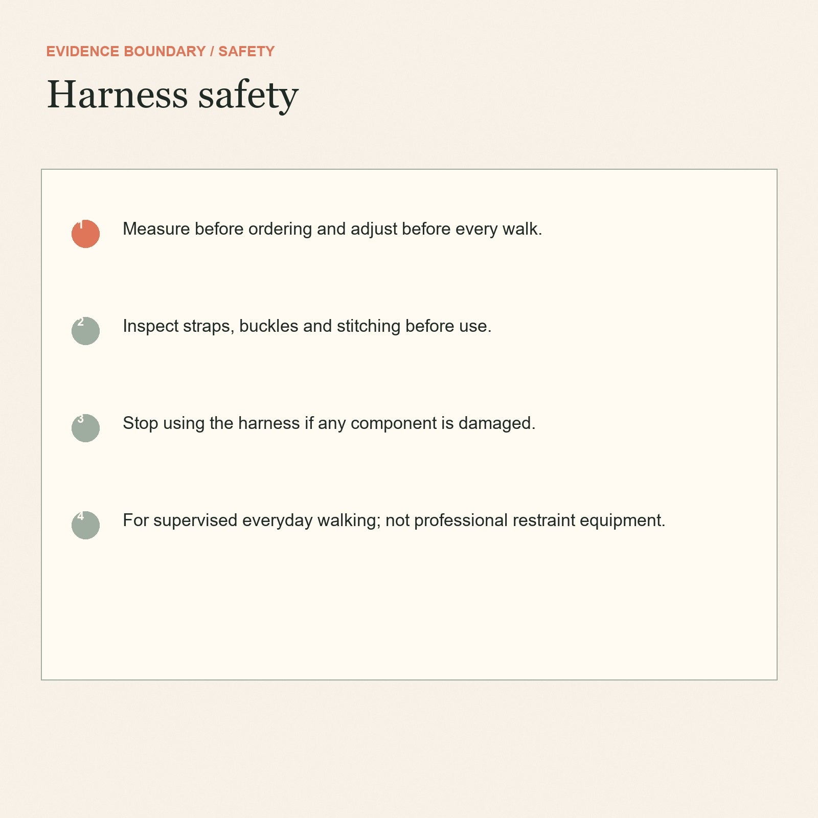 Harness safety reminders to measure, adjust and inspect before supervised walks