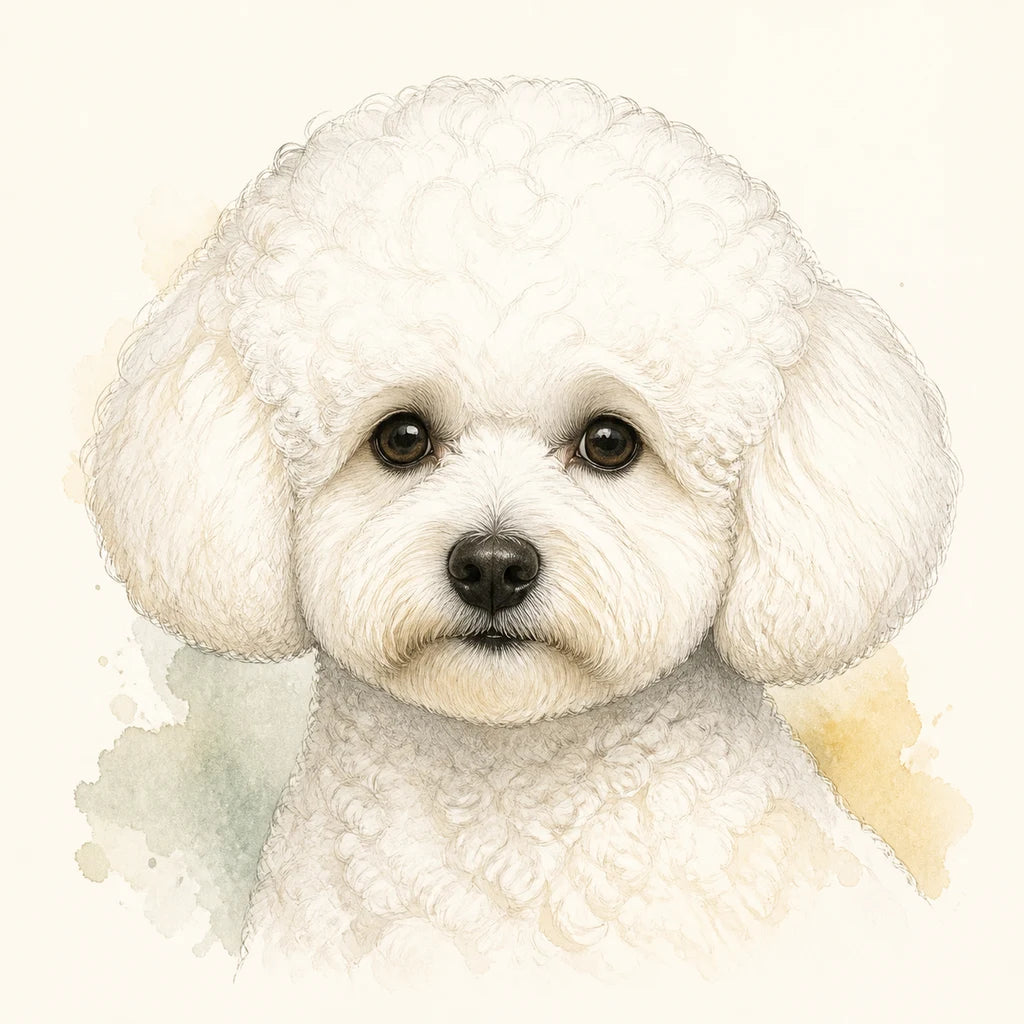 Editorial portrait illustration of a Bichon Frise