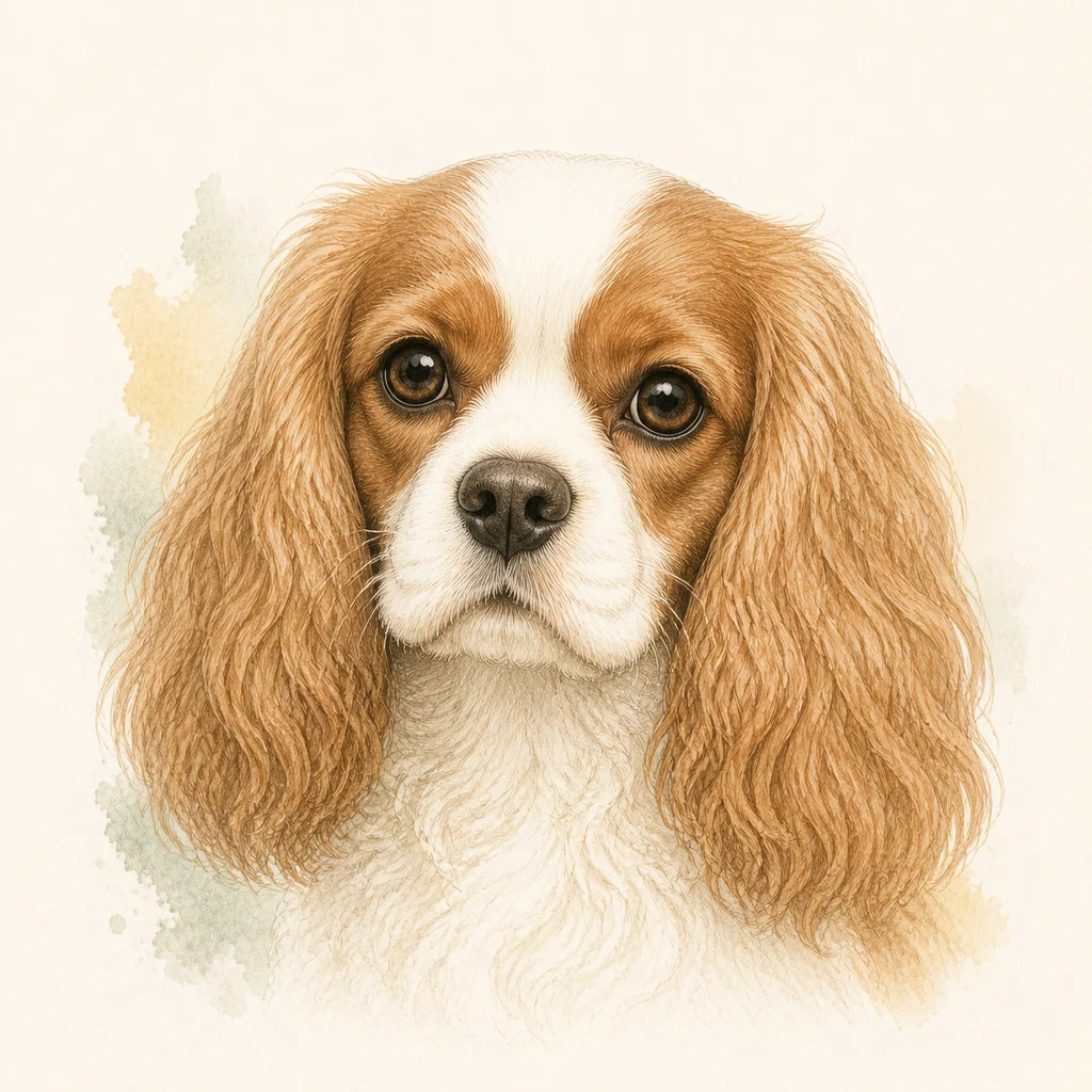 Editorial portrait illustration of a Cavalier King Charles Spaniel