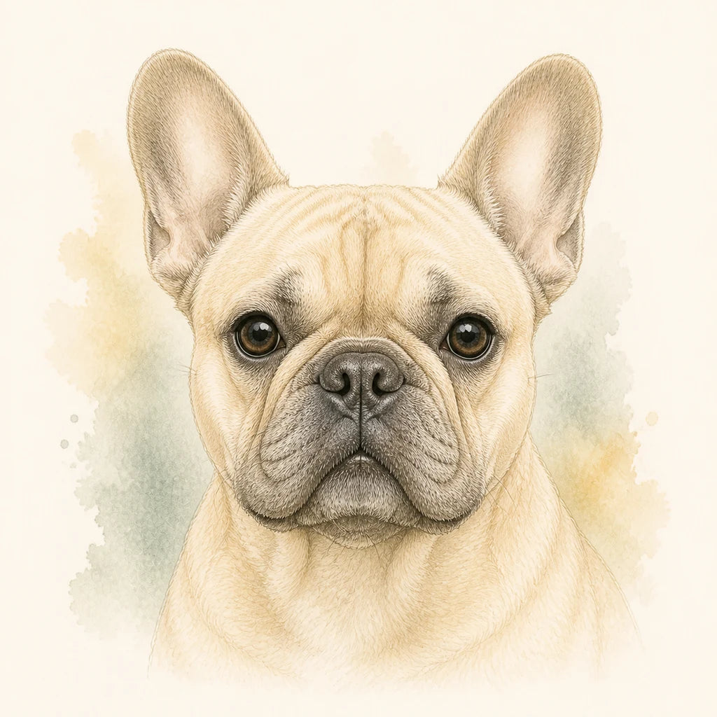 Editorial portrait illustration of a French Bulldog