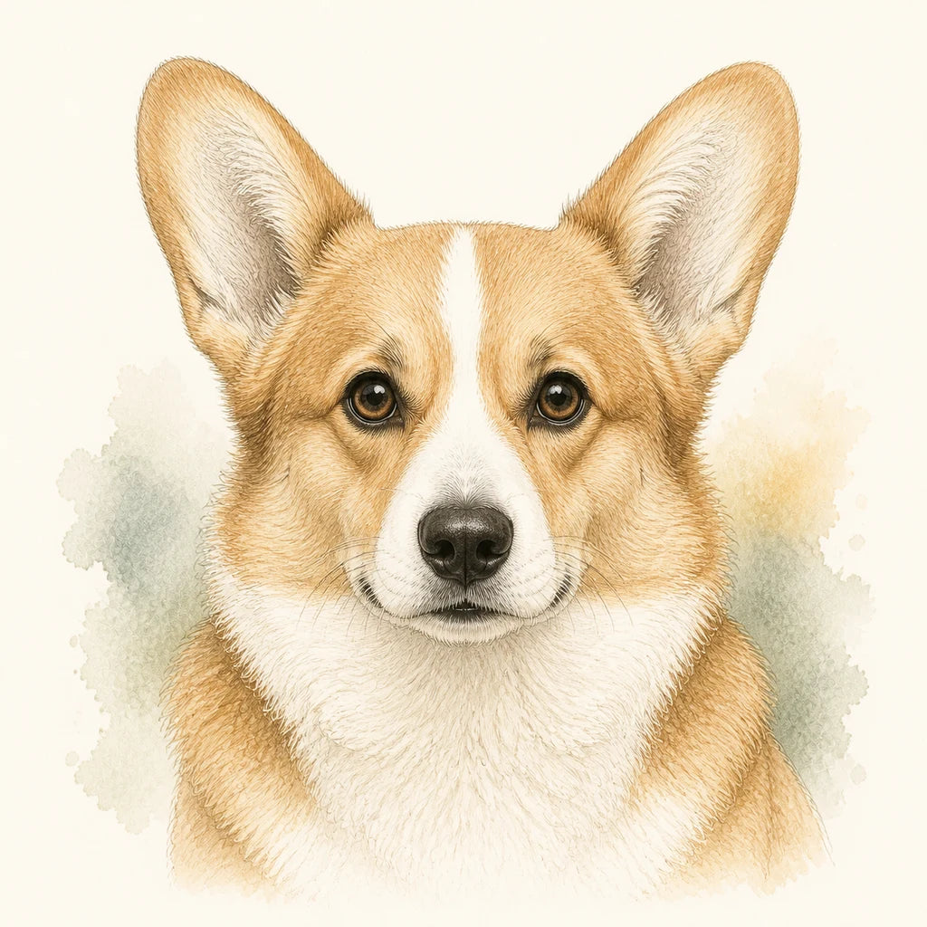 Editorial portrait illustration of a Pembroke Welsh Corgi