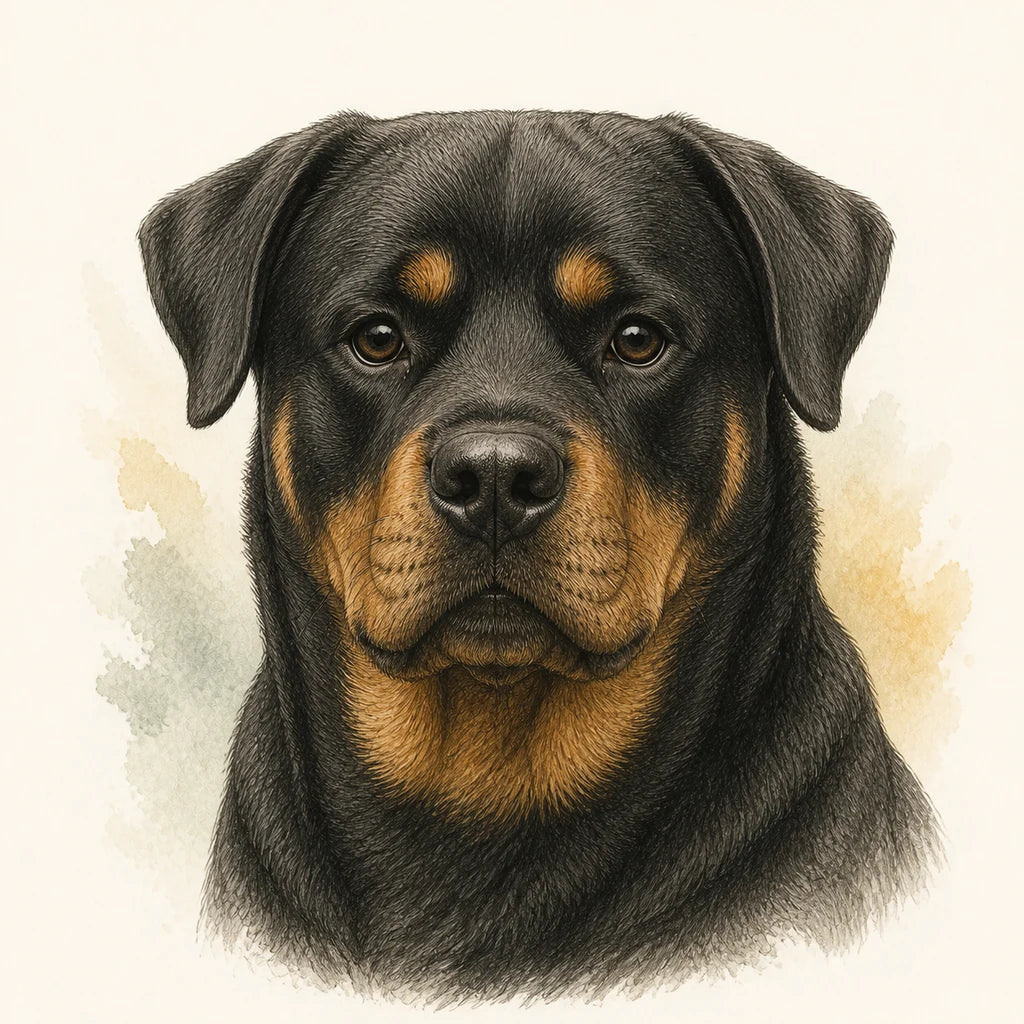 Editorial portrait illustration of a Rottweiler