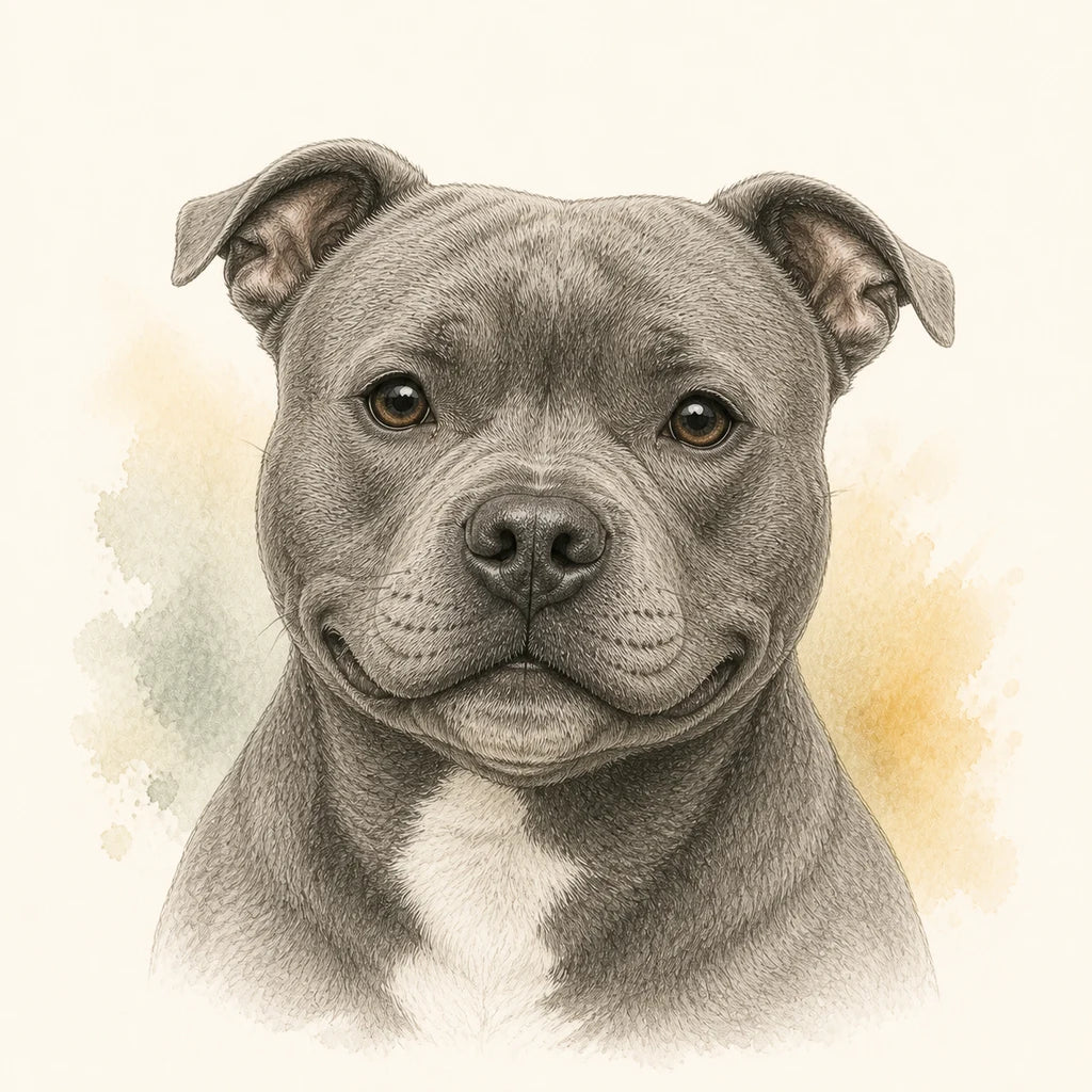 Editorial portrait illustration of a Staffordshire Bull Terrier